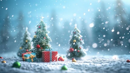 Obraz premium 3d rendering of Christmas trees with snow and decoration on blue background.