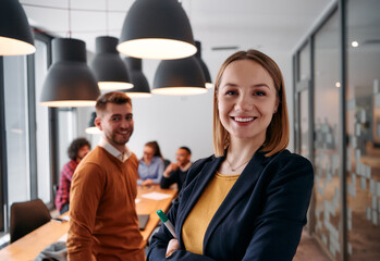 Confident Blonde Businesswoman Leading Team in Modern Office Setting.