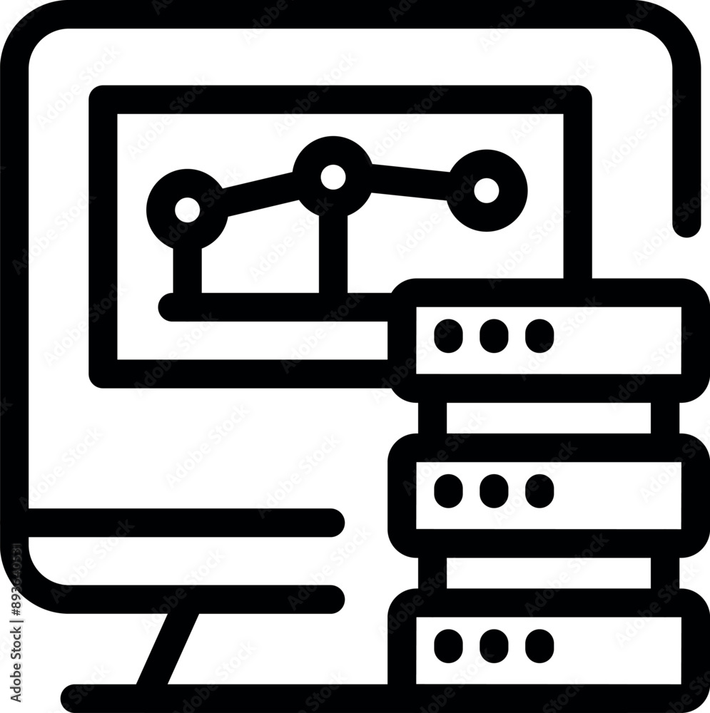 Poster line art icon of a computer displaying a growing chart with a server database