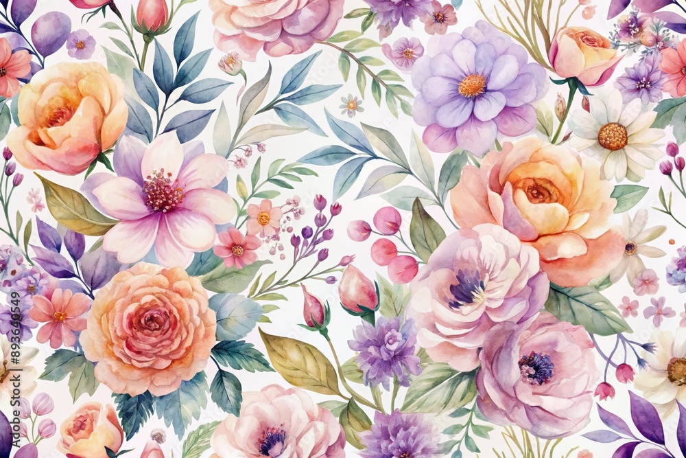 Wall mural vibrant watercolor blooms in soft pink, lavender, and peach hues dance across a crisp white backgrou