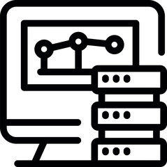 Line art icon of a computer displaying a growing chart with a server database
