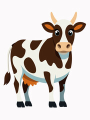 A large cartoon white and brown cow standing on four legs