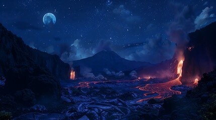 the volcano spews hot lava at night