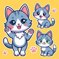 Set of stickers with cute gray kitties in anime style