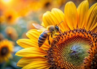 Vibrant yellow petals surround a busy bee as it gathers nectar and pollinates a young fall sunflower, set against a soft, blurred natural background with ample copy space.