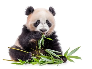 Obraz premium Gentle Panda Bear Sitting and Eating Bamboo on a White Background