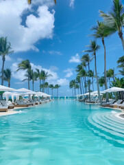 Obraz premium Luxury hotel poolside with palm trees and sun loungers