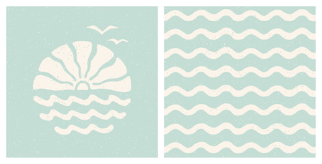 Sea sunset print and ocean waves pattern set. Pastel blue coastal holiday groovy design. Vintage summer cut out collage.