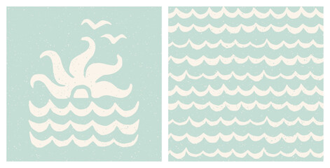 Sea sunset print and ocean waves pattern. Pastel blue cream coastal holiday cut out design. Vintage summer surf collage.