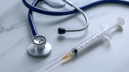 Close-up of a stethoscope and a syringe on a white surface, representing medical tools used by healthcare professionals.