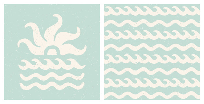 Sea sunset print and waves pattern. Pastel blue coastal holiday design. Vintage summer surf aesthetic cut out collage.