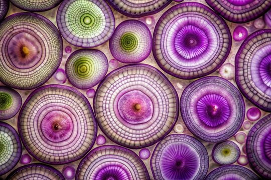 Vibrant purple onion cells with intricately layered cell walls, prominent nucleus, and delicate cytoplasmic strands, revealing the fascinating microscopic world of plant biology.
