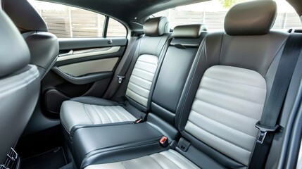White and black rear leather seats of a modern business class car. Luxury car interior