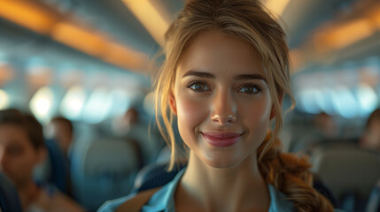 cheerful flight attendant providing top-notch service in a spacious and modern airplane cabin with warm lighting