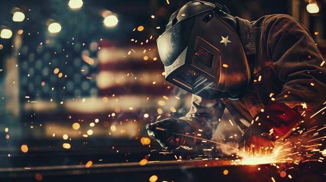 a welder in action, sparks flying, with an American flag prominently displayed in the background.