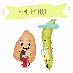 Cute broad beans, broad bean, raw, fava beans, fava bean, vicia faba with different activities, outdoor, sports,musical instrument. Organic food, healthy food.