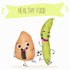 Cute broad beans, broad bean, raw, fava beans, fava bean, vicia faba with different activities, outdoor, sports,musical instrument. Organic food, healthy food.