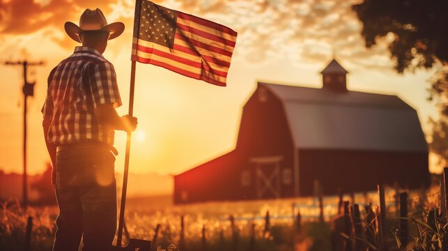 a farmer holding a pitchfork, standing in front of a barn decorated with an American flag.