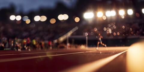 Detailed view on track with running athlete on Paris 2024 games night stadium wide super shallow depth of field