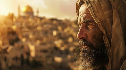 Obraz premium religious prophet looking in profile with israel background