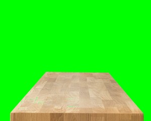 Wooden dinner table surface. Natural wood furniture close view. Tabletop isolated over green screen chroma key background