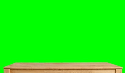 Wooden dinner table surface. Natural wood furniture close view. Tabletop isolated over green screen chroma key background