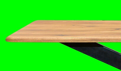 Wooden dinner table surface. Natural wood furniture close view. Tabletop isolated over green screen chroma key background