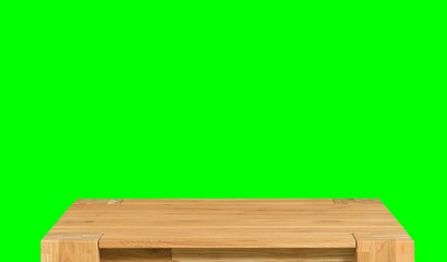 Wooden dinner table surface. Natural wood furniture close view. Tabletop isolated over green screen chroma key background