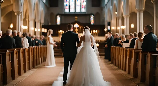Wedding Ceremony:  A bride and groom walk down the aisle, surrounded by loved ones in a beautiful church setting. The bride's white dress and veil are stunning, and the soft lighting creates a romanti