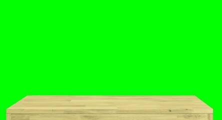Wooden dinner table surface. Natural wood furniture close view. Tabletop isolated over green screen chroma key background