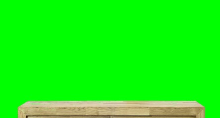 Wooden dinner table surface. Natural wood furniture close view. Tabletop isolated over green screen chroma key background