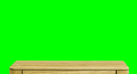 Wooden dinner table surface. Natural wood furniture close view. Tabletop isolated over green screen chroma key background