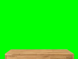 Wooden dinner table surface. Natural wood furniture close view. Tabletop isolated over green screen chroma key background