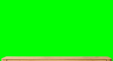 Wooden dinner table surface. Natural wood furniture close view. Tabletop isolated over green screen chroma key background