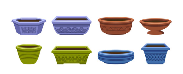 Selection Of Colorful Cartoon Vector Bonsai Tree Pots In A Variety Of Shapes And Designs, For Gardening Enthusiasts