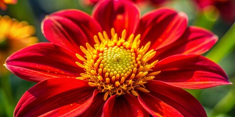 Fototapeta premium Vibrant red petals surround bright yellow stamens in a stunning close-up shot of a solitary flower, capturing the intricate details of its delicate beauty.