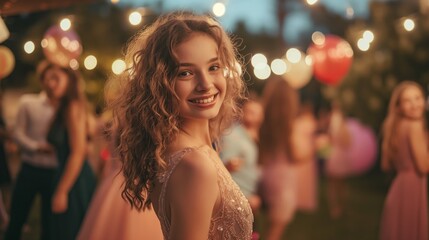 A charming young woman is smiling at an outdoor evening party with festive lights, balloons, and a joyful atmosphere. The celebration brings a happy and festive vibe to the warm summer night