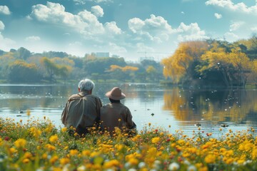 Obraz premium An elderly couple sits by a beautiful lake surrounded by blooming flowers on a sunny day, reflecting tranquility, companionship, nature's beauty, and life's peaceful moments.