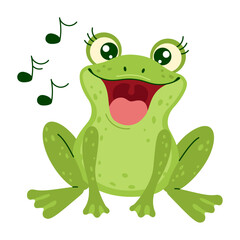 A cute green frog with large eyes and an open mouth singing, with musical notes around. The little frog is sitting and sings a happy song. Hand drawn trendy flat style isolated vector illustration