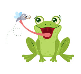 Cute green frog with big eyes and eyelashes catching mosquito with tongue. The little Cartoon frog is sitting. playful animal, nature concept Hand drawn trendy flat style isolated vector illustration