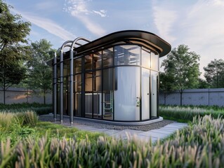 Modern glass building with metal pipes and a grey concrete wall in the background.