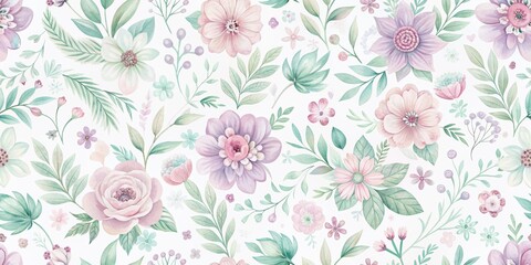 Soft, whimsical pastel vector seamless flower pattern backdrop features delicate watercolor floral motifs in shades of pale pink, lavender, and mint green on white.