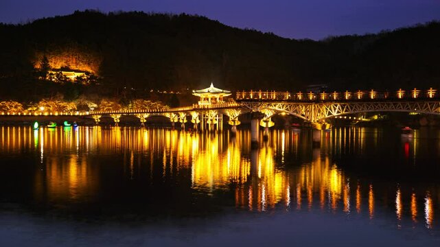 Andong, South Korea. View of the famous Yeongnakgyo bridge in Andong, South Korea. Time-lapse in the evening