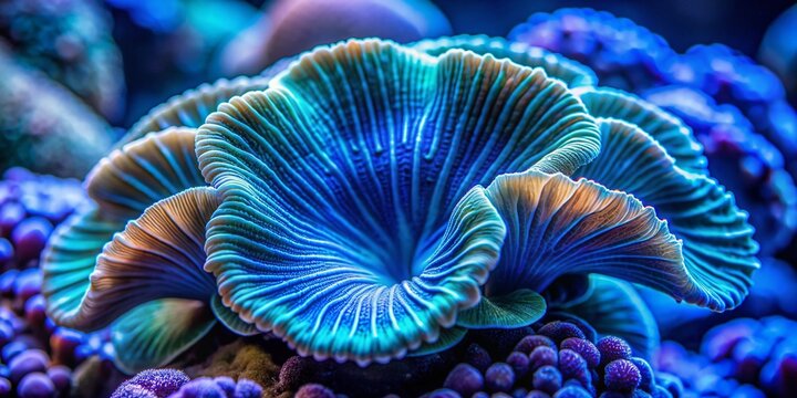 Vibrant blue background highlights a large, intricately detailed mushroom cap with a mesmerizing giant clam-like texture, reminiscent of a beautiful sea shell in this stunning macro shot.