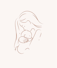 Mother hold and kiss child label drawing on beige background