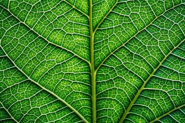 Obraz premium Vibrant green leaf texture showcasing intricate veins and tiny cells in extreme close-up, offering a stunning natural pattern for backgrounds and wallpapers.
