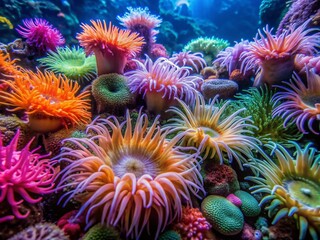 Obraz premium Vibrant coral and anemones swarm the ocean floor, their delicate tendrils and tentacles waving gently in the current, displaying nature's kaleidoscope of colors.