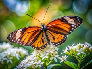 Fototapeta premium Vibrant orange and black striped butterfly rests on delicate white flower petals, surrounded by soft blur, capturing serene beauty and intricate details in nature.