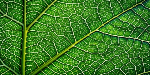 Obraz premium Vibrant green leaf texture with intricate networks of veins and cells revealed in stunning macro photography detail, showcasing nature's intricate organic patterns.