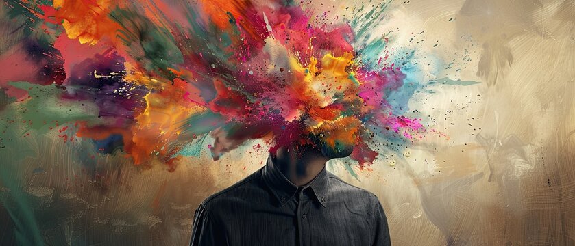 3D illustration of a person with an exploding head of colorful ideas signifying the burst of creativity and inspiration